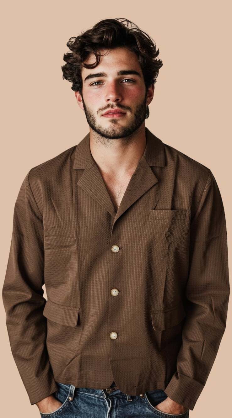 Ouku Brown Textured Three-Button Blazer